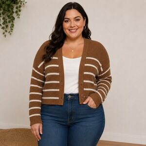 Aster Womens Brown White Striped Button Front V-Neck Cardigan Sweater‎ 3X